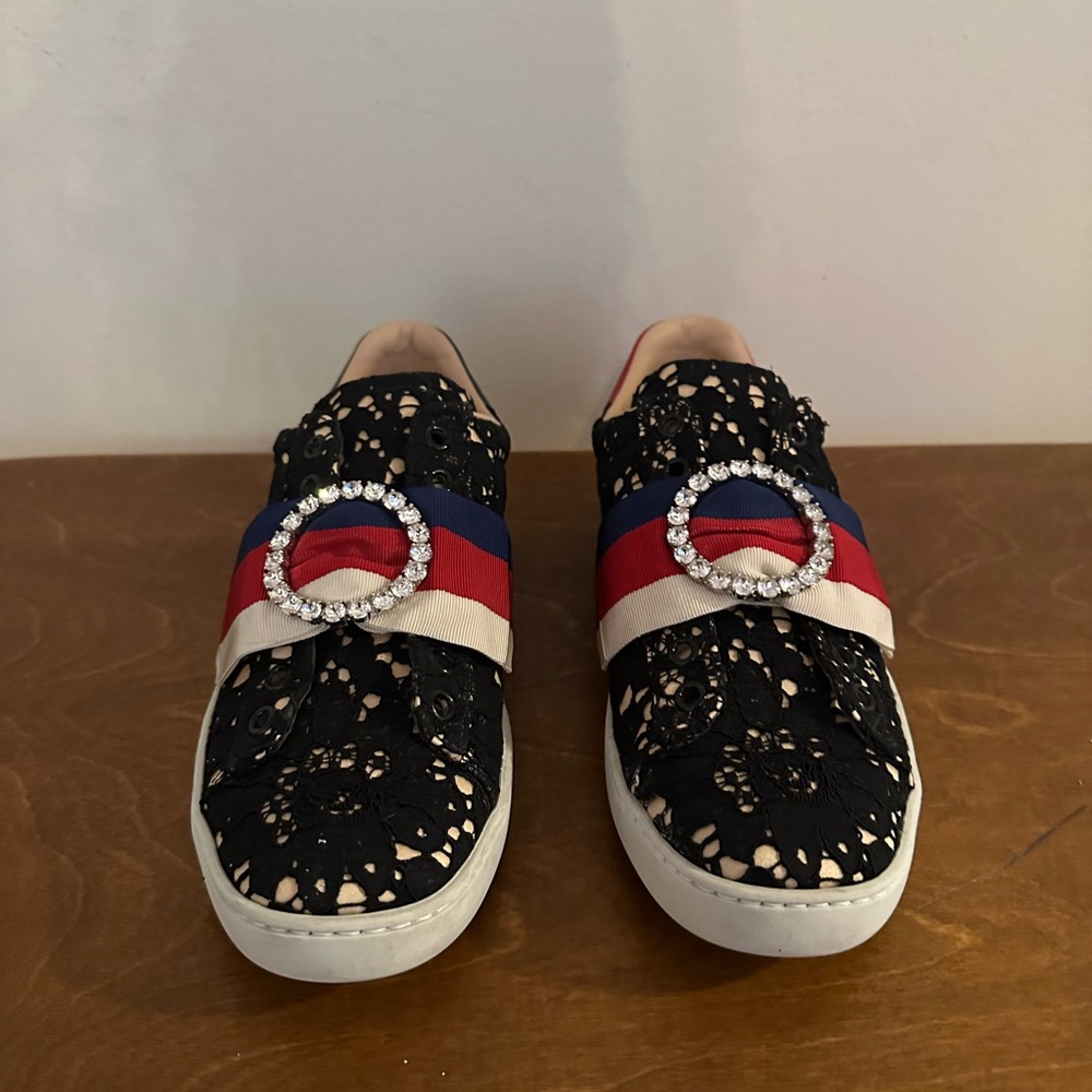 Black Lace Sneakers with Crystal Buckle